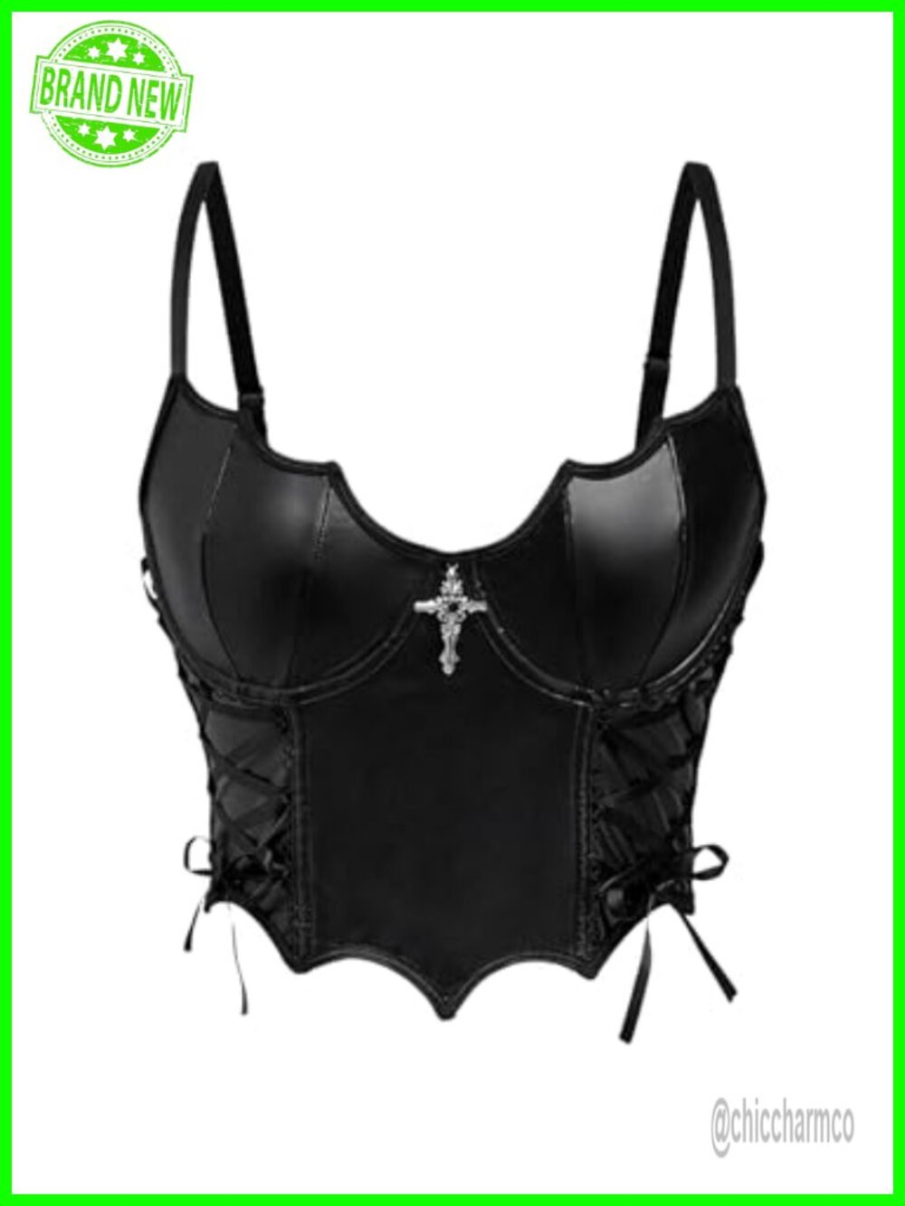 PU Leather Lace Up Corset Bustier Cami Top Gothic Y2K Spaghetti Strap Crop